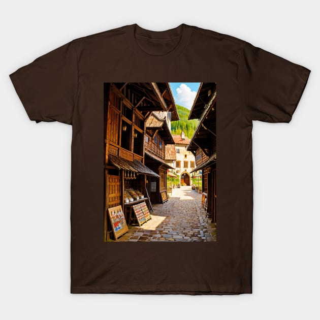 Artisan Shoppe on the Side of a Medieval Alleyway T-Shirt by CursedContent